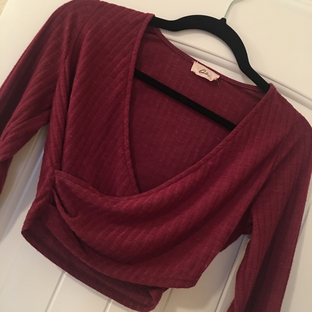 Wine Wrap Ribbed Long Sleeve Crop Top